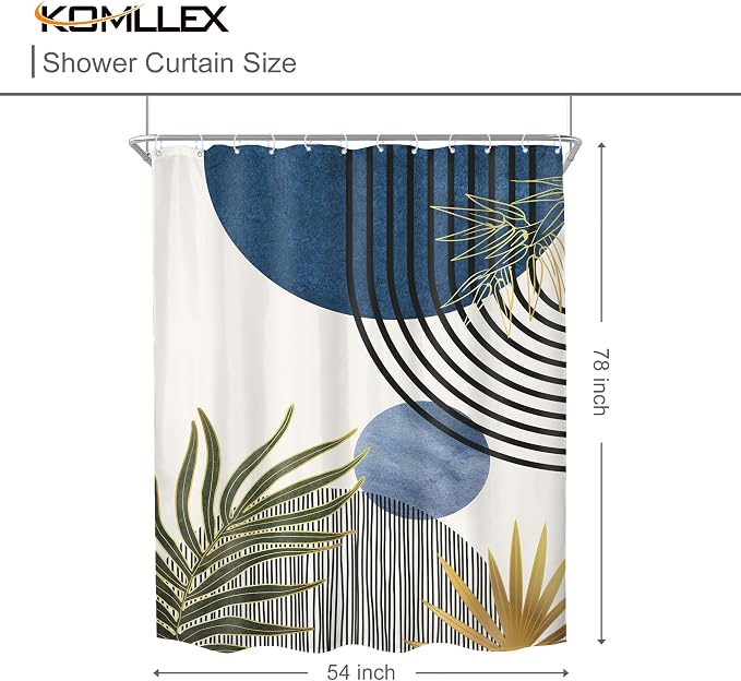 Mid Century Blue Green Boho Abstract Modern Bathroom Shower Curtain Set | 54Wx78H Chic Plants design, waterproof HD print with fast-drying fabric and 12 hooks.