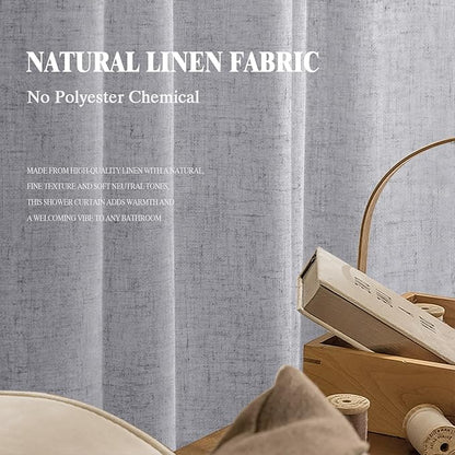 Linen Shower Curtain Flax Grey, Fabric Boho Farmhouse Shower Curtains for Bathroom Cotton Natural Cloth Liner Set 72" W x 72" L