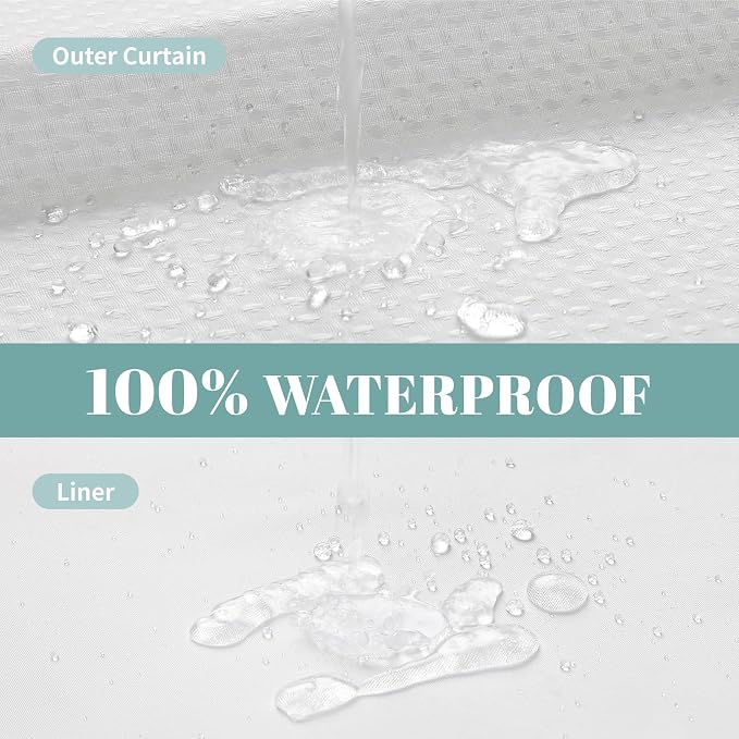 eachope No Hook Long Waffle Shower Curtain, Snap-in Liner, 71x86 in, White | 230 GSM waffle weave fabric, waterproof liner set with 2 bottom magnets, mesh top window, washable, for bathroom or hotel use