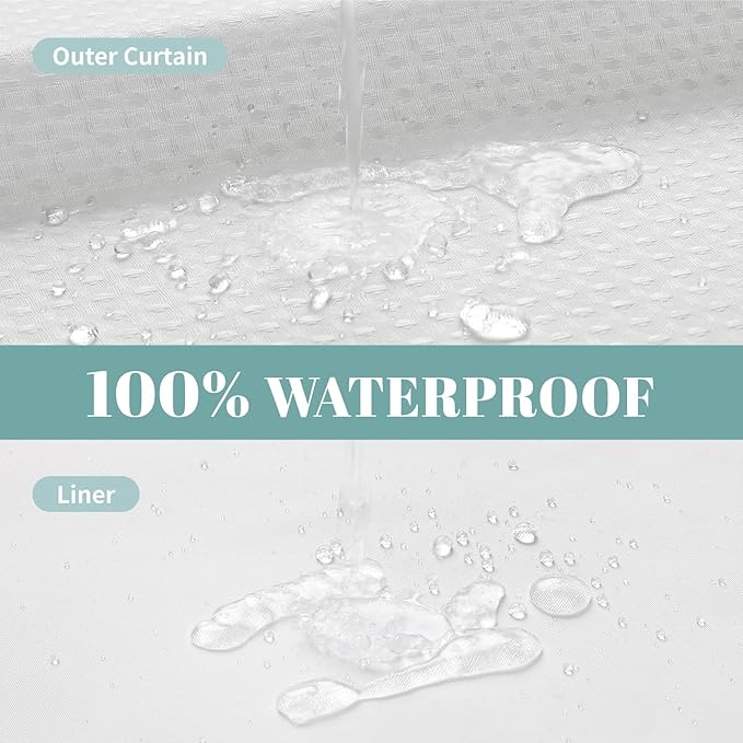 eachope No Hook Waffle Shower Curtain with Snap-in Liner, 71x80 Inch, White | 230 GSM waffle weave fabric, waterproof liner set with 2 bottom magnets, mesh top window, washable, for bathroom or hotel use