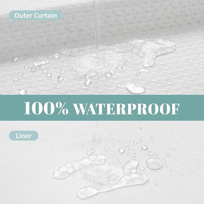 eachope No Hook Waffle Shower Curtain with Snap-in Liner, 71x80 Inch, White | 230 GSM waffle weave fabric, waterproof liner set with 2 bottom magnets, mesh top window, washable, for bathroom or hotel use