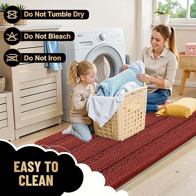 OLANLY Bathroom Runner Rugs 44x24, Chenille Bath Rugs, Rustic Terracotta | Rubber Backing, Machine Wash, Extra Absorbent Striped Bath Mats for Bathroom Floor, Tub and Shower, Home Decor Accessories