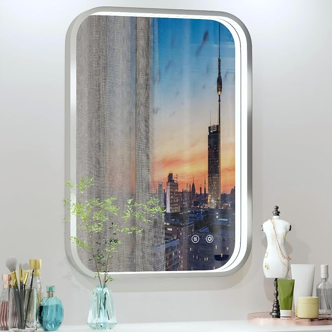 20"x28" Silver LED Bathroom Mirror with 3000K/4500K/6000K Lights | Stepless Dimmable,Anti-Fog,Memory Function,Aluminum Frame Wall Mount Lighted Bathroom Vanity Mirror,ETL Cert‌,IP54 Waterproof