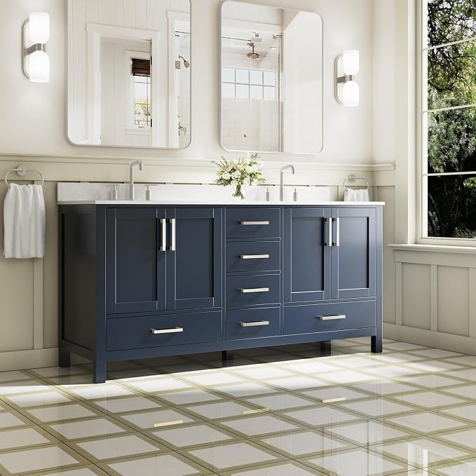 72-Inch Bathroom Vanity with Sink, 4 Soft-Close Doors and 6 Soft-Close Drawers, Bathroom Freestanding Vanity with Cultured Marble Countertop, Navy Blue Vanity with Brushed Nickel Handles