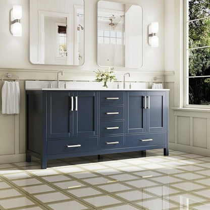 72-Inch Bathroom Vanity with Sink, 4 Soft-Close Doors and 6 Soft-Close Drawers, Bathroom Freestanding Vanity with Cultured Marble Countertop, Navy Blue Vanity with Brushed Nickel Handles