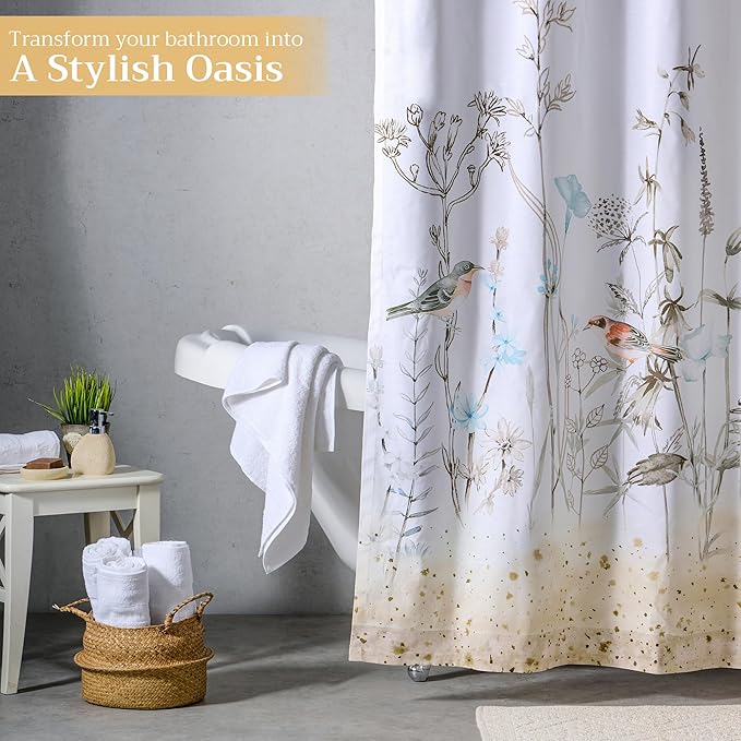 Maison d' Hermine Shower Curtain 100% Cotton One Panel 70"x72" Washable Fabric Shower Curtains for Bathroom, Easy Hanging with 12 Button Holes - Hotel Spa Easter Gifts (Meadow Florals - Brown)