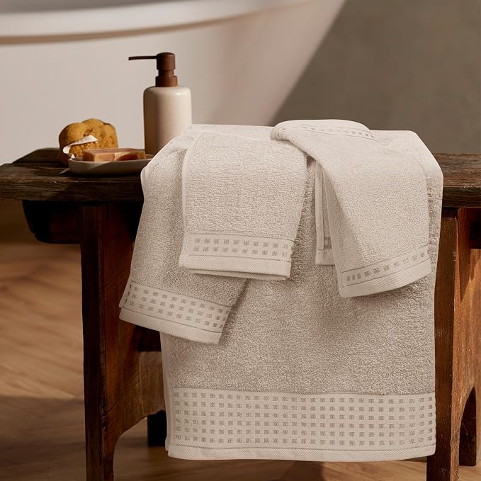 GLAMBURG Ultra Soft 3 Pack Cotton Towel Set, Contains a Bath Towel 28x55 inch, a Hand Towel 16x24 inch & a Wash Coth 12x12 inch, Ideal Everyday use, Compact & Lightweight - Tan