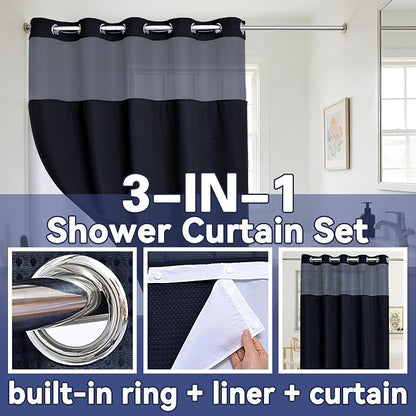 Conbo Mio No Hook Waffle Weave Shower Curtain with Snap in Liner Set, Hotel Luxury Black Shower Curtains for Bathroom with See Through Top Window, Waterproof, Washable 71W x 74H