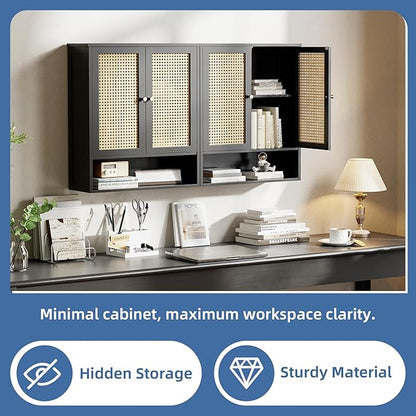 HITNET Wall Mounted Bathroom Cabinet, Rattan Hanging Cabinet, Space-Saving Bathroom Wall Cabinet with 2 Doors and Adjustable Shelves, Black
