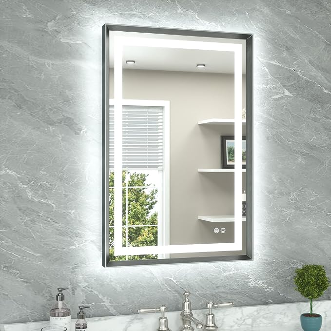24 x 36 Led Mirror Brushed Gunmetal Gray/Off‑Black Metal Frame Frontlit & Backlit Vanity Mirror Anti-Fog Stepless Dimmable 3 Colors White/Warm/Natural Wall Mirror with Lights Wall-Mounted