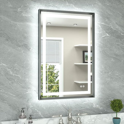 24 x 36 Led Mirror Brushed Gunmetal Gray/Off‑Black Metal Frame Frontlit & Backlit Vanity Mirror Anti-Fog Stepless Dimmable 3 Colors White/Warm/Natural Wall Mirror with Lights Wall-Mounted