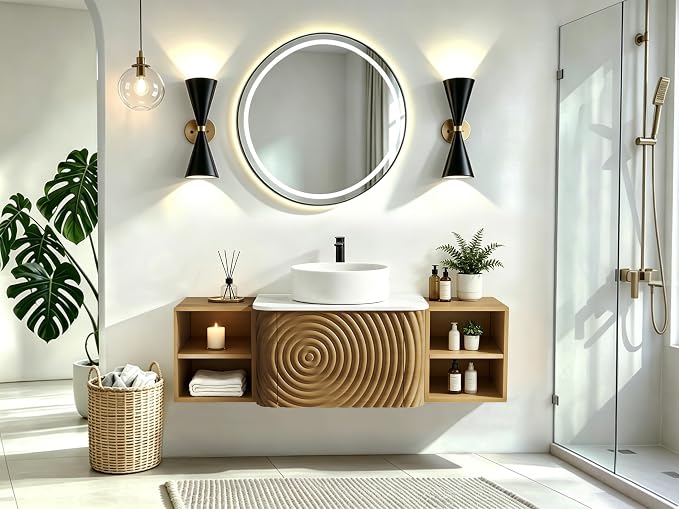 48" Floating Bathroom Vanity with Sink, Mid-Century Wall Mounted Bathroom Vanity Cabinet with Wood Waved Decor,Ceramic Vessel Basin and Sintered Stone Top, Soft Close Drawer, 2 Side Open Cube