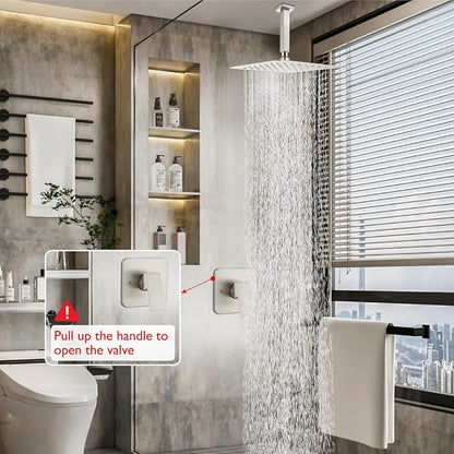 Heyalan 10-Inch Ceiling Mount Shower Faucet Set with Valve, Brushed Nickel | Rainfall shower head, ceiling-mount design, SUS304 steel, adjustable angle, single-handle control