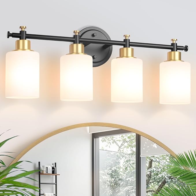 23 Inch 4-Light Bathroom Vanity Light, Modern Black and Gold Vanity Light | 23'' Bathroom Wall Sconce With White Frosted Glass Shades, Anti-Rust Vanity Light Fixture Over Mirror, E26(Bulb Not Include)