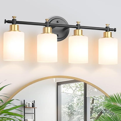 23 Inch 4-Light Bathroom Vanity Light, Modern Black and Gold Vanity Light | 23'' Bathroom Wall Sconce With White Frosted Glass Shades, Anti-Rust Vanity Light Fixture Over Mirror, E26(Bulb Not Include)