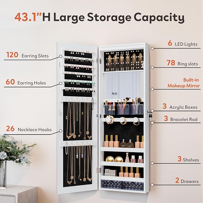 Unisakey Lockable Mirror Jewelry Cabinet LED Lights Wall Mount White | Door or Wall Mount Flexible,Drawers Cosmetic Trays Shelves Inside,Built-in Full-Length Mirror,Dimensions 14.4"×3.15"×43.1"