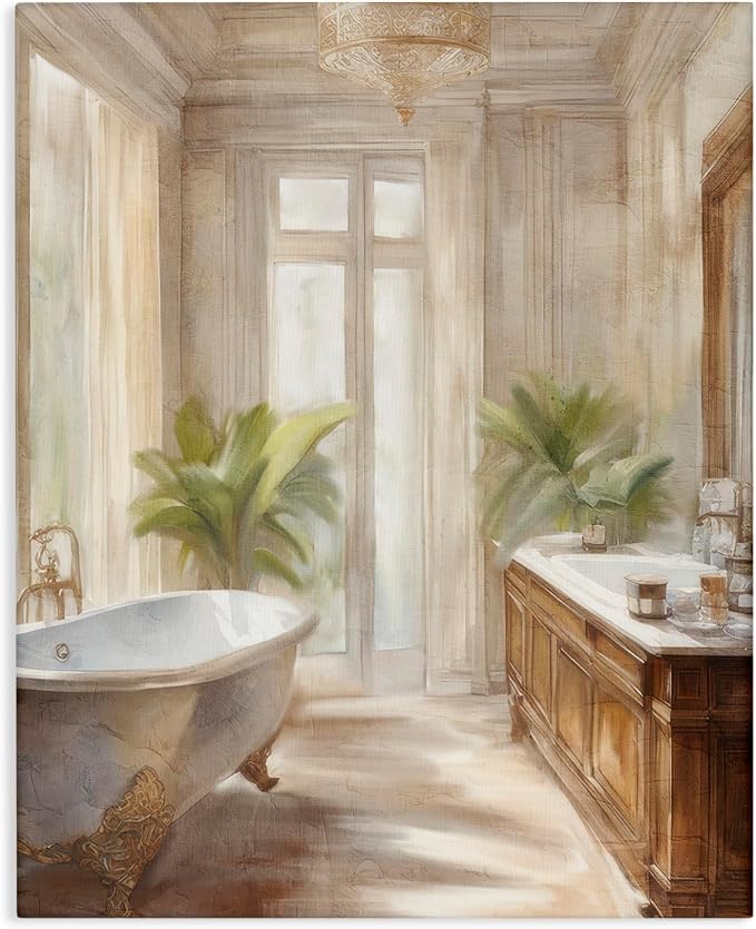 Serenity Bath Floral Still Life, 36 x 48 Inch Canvas Wall Art | Stupell Industries · By Kim Allen · Ready to hang · Perfect for bathroom or bedroom · Made in USA