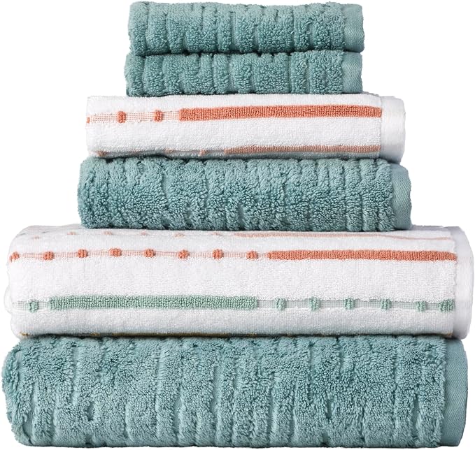 SKL Home CloudSoft/Modesto Stripe Bath Towel Set, 6-Piece, Teal/Multi | 2 Bath towels, 2 hand towels. 2 washcloths. 100% Cotton. 600 GSM. Soft & absorbent jacquard. Premium spa-level quality.
