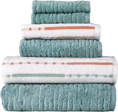 SKL Home CloudSoft/Modesto Stripe Bath Towel Set, 6-Piece, Teal/Multi | 2 Bath towels, 2 hand towels. 2 washcloths. 100% Cotton. 600 GSM. Soft & absorbent jacquard. Premium spa-level quality.