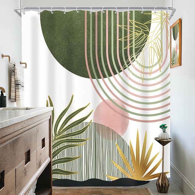 Mid Century Sage Green Pink Boho Abstract Bathroom Shower Curtain Set | 72Wx72L S Plant design, waterproof HD print with fast-drying fabric and 12 hooks.