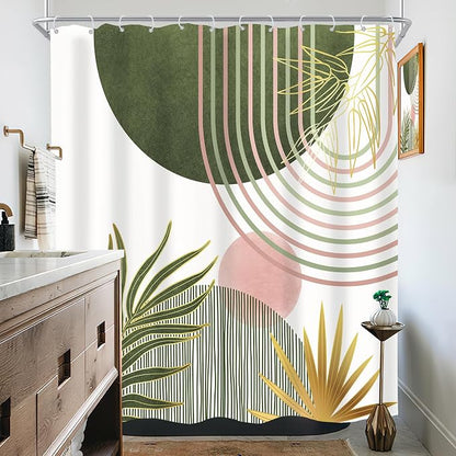 Mid Century Sage Green Pink Boho Abstract Bathroom Shower Curtain Set | 72Wx72L S Plant design, waterproof HD print with fast-drying fabric and 12 hooks.