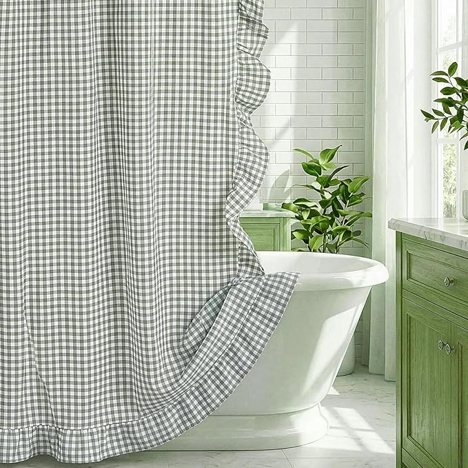 HunnmingRe Ruffled Gingham Shower Curtain Sage Green | 72'' x 72'' Vintage Farmhouse Curtain, Cotton Cottage Core Rural Checkered Plaid Decor, Fall Shower Curtain for Bathroom