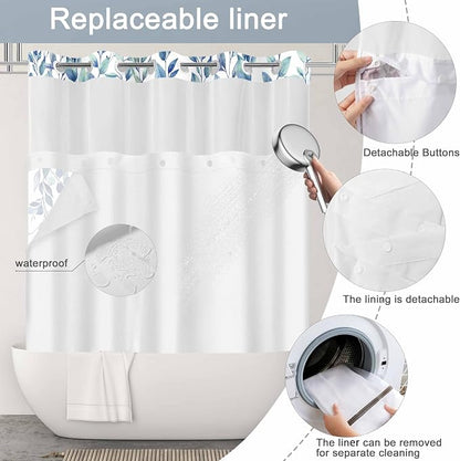 No Hook Shower Curtain and Liner Set, Blue Eucalyptus 54x80 | Floral Design, with Snap in Liner, Waterproof, Machine Washable, Quick-Drying, for Hotel Bathroom