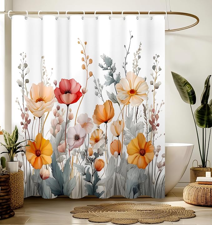 Shower Curtain for Bathroom Stall Modern Cute Aesthetic Washable Decorative Girly Waterproof Unique Wildflower Elegant Girls Chic Print Design Teen Women Cortinas de Baño Bathtub 72 x72 Inch