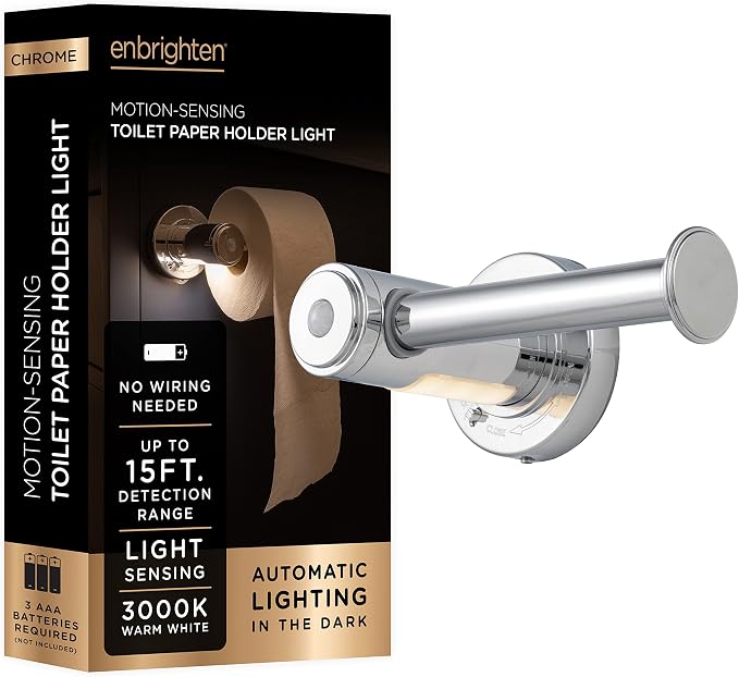 Enbrighten Toilet Paper Holder with Motion Sensing Night Light | Battery Operated, Bathroom Lighting, Toilet Paper Holder Wall Mount, Toilet Paper Roll Holder, Chrome, 77233