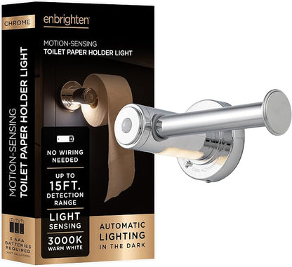Enbrighten Toilet Paper Holder with Motion Sensing Night Light | Battery Operated, Bathroom Lighting, Toilet Paper Holder Wall Mount, Toilet Paper Roll Holder, Chrome, 77233