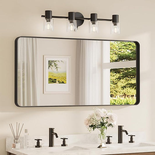 TETOTE 48 x 24 Inch Black Frame Mirror, Bathroom Vanity Mirror for Wall, Modern Rectangle Round Corner Matte Framed Mirror (Horizontal/Vertical)