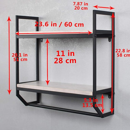 2-Tier Metal Industrial 23.6" Bathroom Shelves Wall Mounted,Rustic Wall Shelf Over Toilet,Towel Rack with Towel Bar,Utility Storage Shelf Rack, Floating Shelves Towel Holder,Retro White