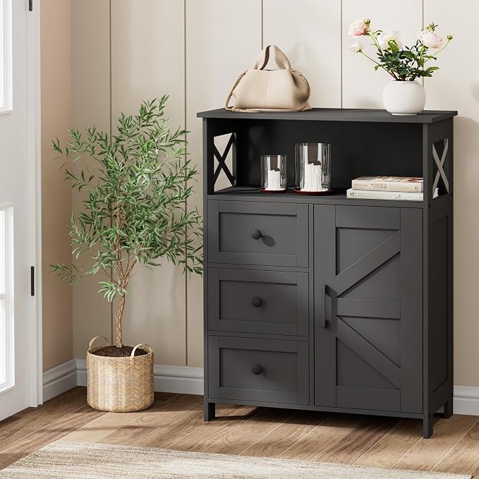 Homhedy Bathroom Storage Cabinet with 3 Drawers, Toilet Paper Cabinet | Farmhouse Freestanding Floor Cabinet with Door and Adjustable Shelf, Small Cabinet for Bathroom, Living Room, Black