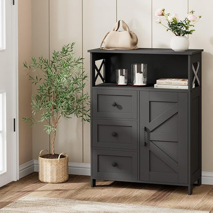 Homhedy Bathroom Storage Cabinet with 3 Drawers, Toilet Paper Cabinet | Farmhouse Freestanding Floor Cabinet with Door and Adjustable Shelf, Small Cabinet for Bathroom, Living Room, Black