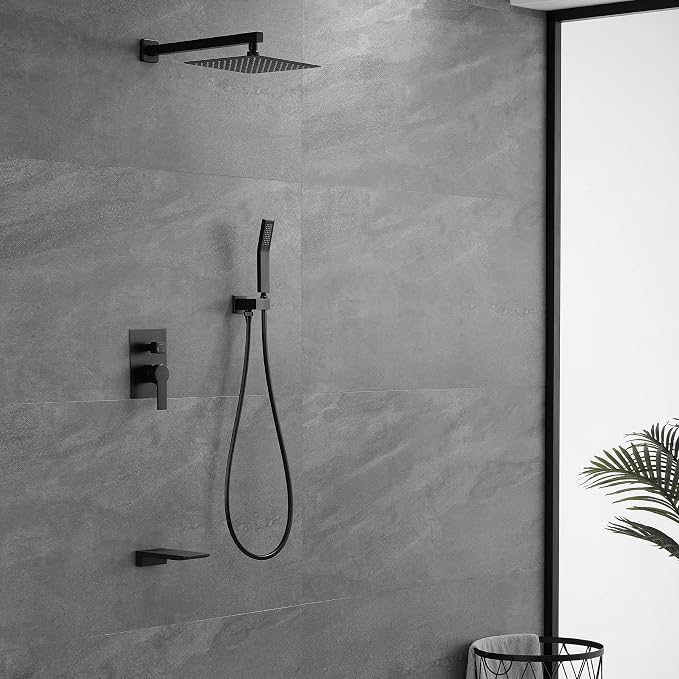 SHAMANDA Shower System with Waterfall Tub Spout and Handheld Shower Head, 10" Rain Shower Faucet Sets Complete with Shower Round-in Valve and Trim Wall Mount, Matte Black, L1010-7
