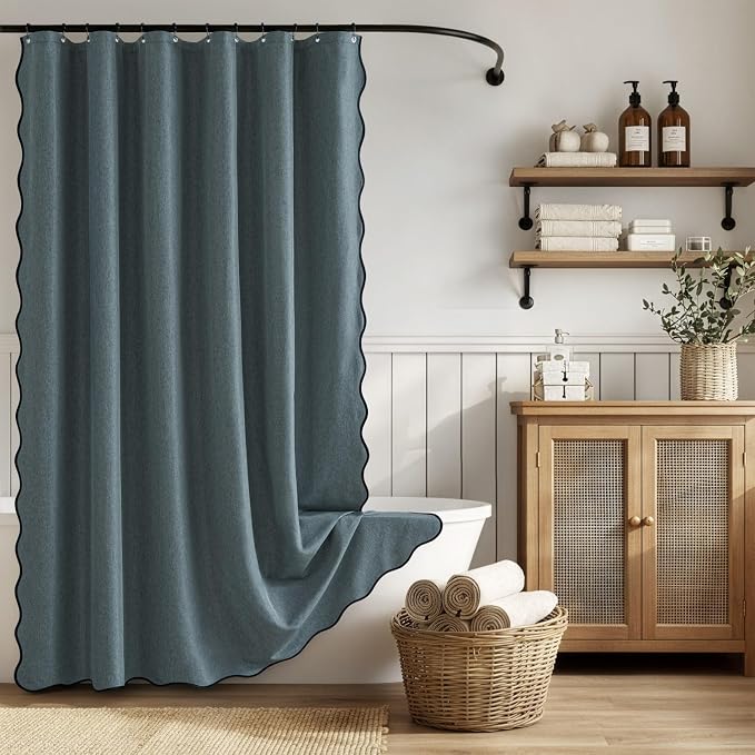 ANRODUO Dusty Blue Scalloped Linen Textured Shower Curtain, W72 x L84 | Boho Farmhouse Shower Curtain with 12 Metal Hooks, Machine Washable Waterproof Heavy Duty Fabric for Bathroom Bathtub