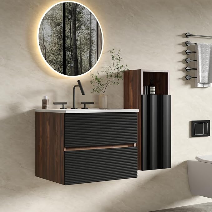 12" Floating Bathroom Storage Cabinet, Modern Wall Cabinets with Soft-Closing Door & Open Shelf, Bathroom Side Cabinet for Small Spaces, Apartment, Walnut+Black
