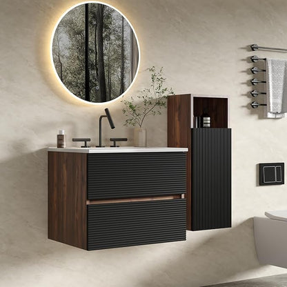 12" Floating Bathroom Storage Cabinet, Modern Wall Cabinets with Soft-Closing Door & Open Shelf, Bathroom Side Cabinet for Small Spaces, Apartment, Walnut+Black
