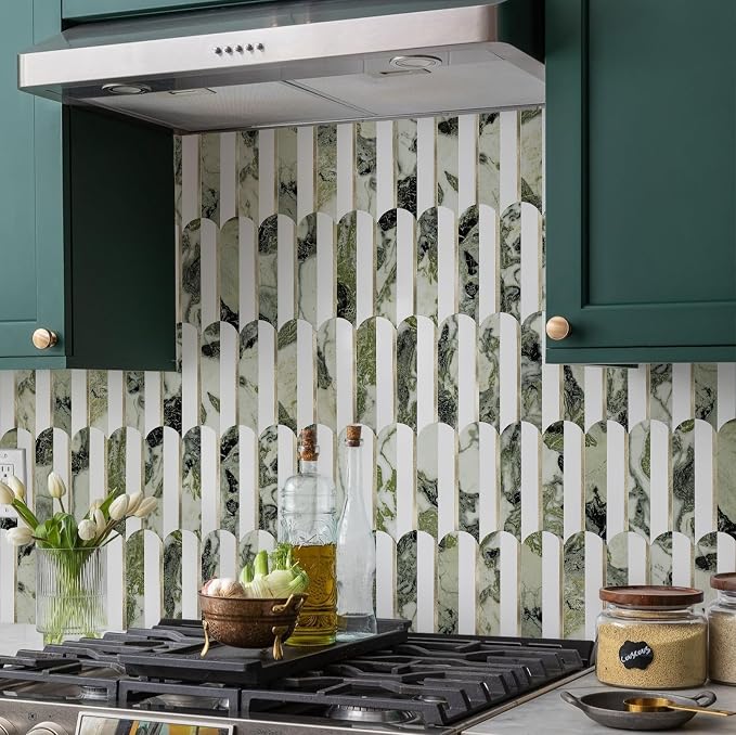 Vamos Tile Peel and Stick Backsplash Seamless Tile,Fish Scale,Glossy,10 pcs | Stick on Backsplash for Kitchen & Bathroom, White+Ice Green Marble+Light Gold PVC Self Adhesive Mosaic Tiles 11.9''x10.8''