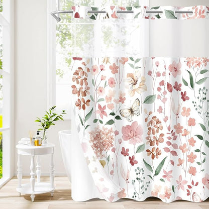 Litabel No Hook Pink Watercolor Floral Shower Curtain and Liner Set, 72x80 | Spring Flower Shower Curtains with Snap-in Liner for Farmhouse Bathroom Decor, Botanical Bathroom Curtain with Leaves