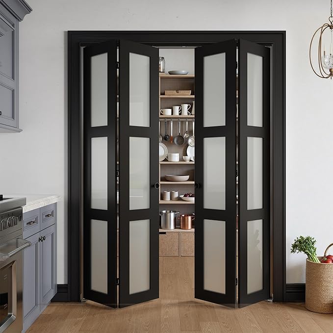Bifold Doors for 64" x 80" Opening,Tempered Frosted Glass,Black | Closet Folding Doors with Hardware kit Included, Easy Assembly for Pantry Closet,Water-Proof PVC Surface