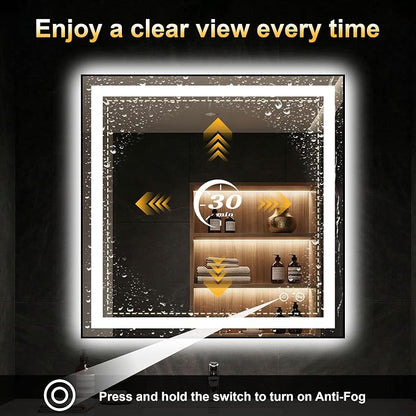 LED Bathroom Mirror with Light, 30x30 Vanity Mirror for Wall with Frame | Anti-Fog, Dimmable 3 Colors, Memory Function, Backlit and Front Lit, Shatter-Proof Glass, Plug-in/Hardwired
