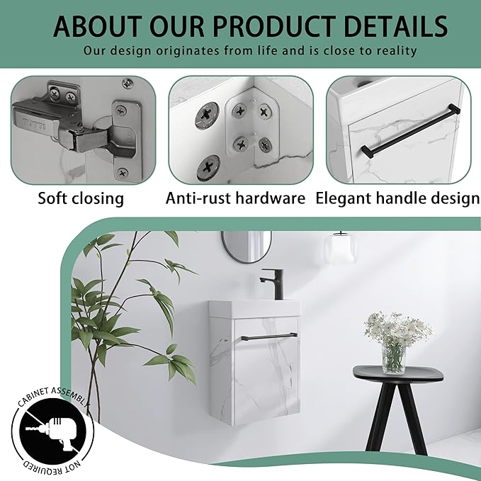 16" Floating Bathroom Vanity with Sink, Modern Wall-Mounted Cabinet Set for Small Spaces