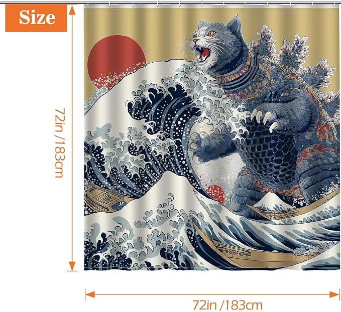 Aimego Funny Cat Shower Curtain Japanese Nautical Anime Ocean Sea Wave Cool Unique Asian Whimsical Humorous Bathroom Decor Bathtub Curtain Fabric Shower Curtain Set with 12 Hooks, 72"x72"