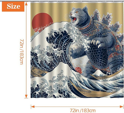 Aimego Funny Cat Shower Curtain Japanese Nautical Anime Ocean Sea Wave Cool Unique Asian Whimsical Humorous Bathroom Decor Bathtub Curtain Fabric Shower Curtain Set with 12 Hooks, 72"x72"