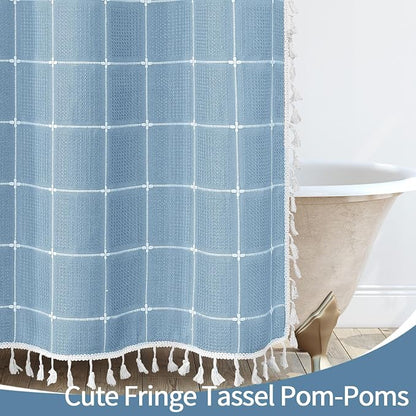 Blue Boho Farmhouse Shower Curtain with Tassels, Rustic Cottagecore Aesthetic Bohemian Chic Modern Bathroom Decor Thick Waffle Textured Fabric Shower Curtain Set with Hooks, 72x72 | 320 GSM French Country Plaid Tassel Shower Curtain, Rustic Aesthetic B...