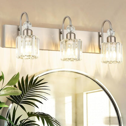 Ralbay Brushed Nickel Vanity Light for Bathroom Crystal 3-Light Modern Bathroom Light Fixtures