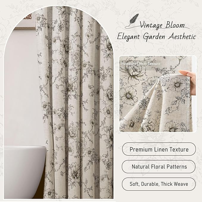 Farmhouse Floral Linen Shower Curtain, Vintage Black Pattern Rustic Shower Curtains for Bathroom, Tan Taupe,72x78