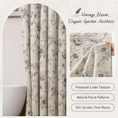 Farmhouse Floral Linen Shower Curtain, Vintage Black Pattern Rustic Shower Curtains for Bathroom, Tan Taupe,72x96