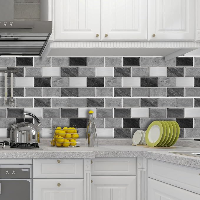 URCOLOR 10-Sheet Subway Tile Peel and Stick Backsplash for Kitchen,12"x12" Self Adhesive Wall Tiles Sticker on Back Splashes for Bathroom Gray Marble Design